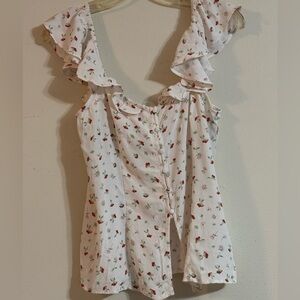 H&M Womens Floral Ruffle Blouse - White and Pink